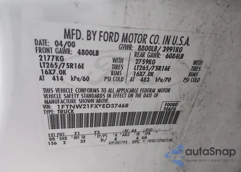 2000 Ford F-250 Lariat/Xl/Xlt из США, поврежденный, VIN 1FTNW21FXYED37468